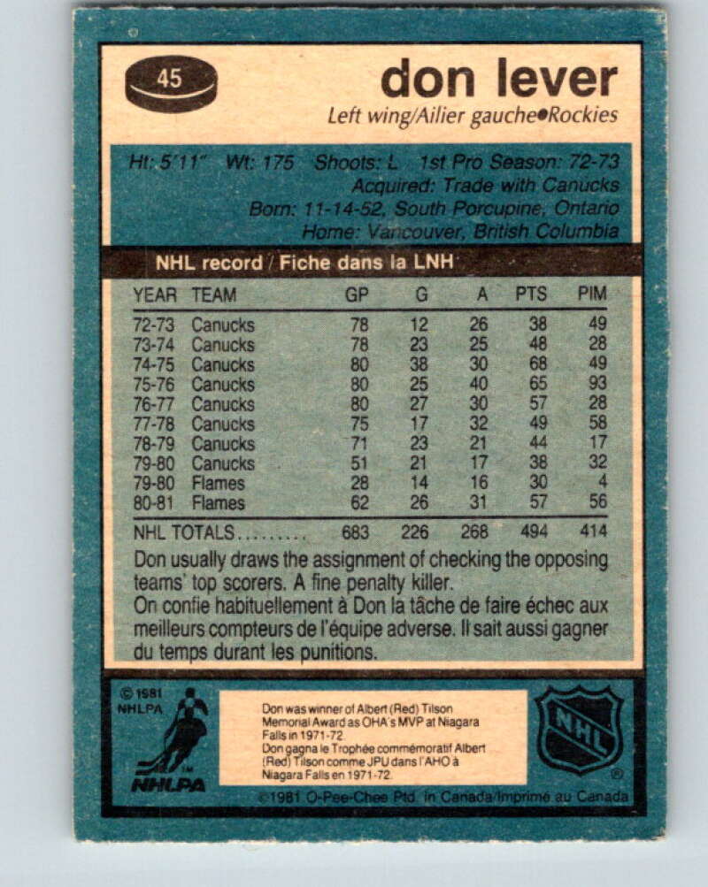 1981-82 O-Pee-Chee #45 Don Lever Colorado Rockies V29706