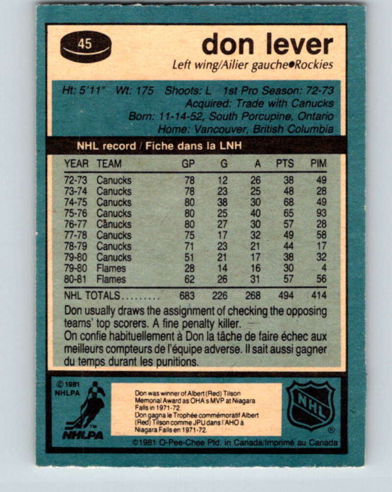 1981-82 O-Pee-Chee #45 Don Lever Colorado Rockies V29707