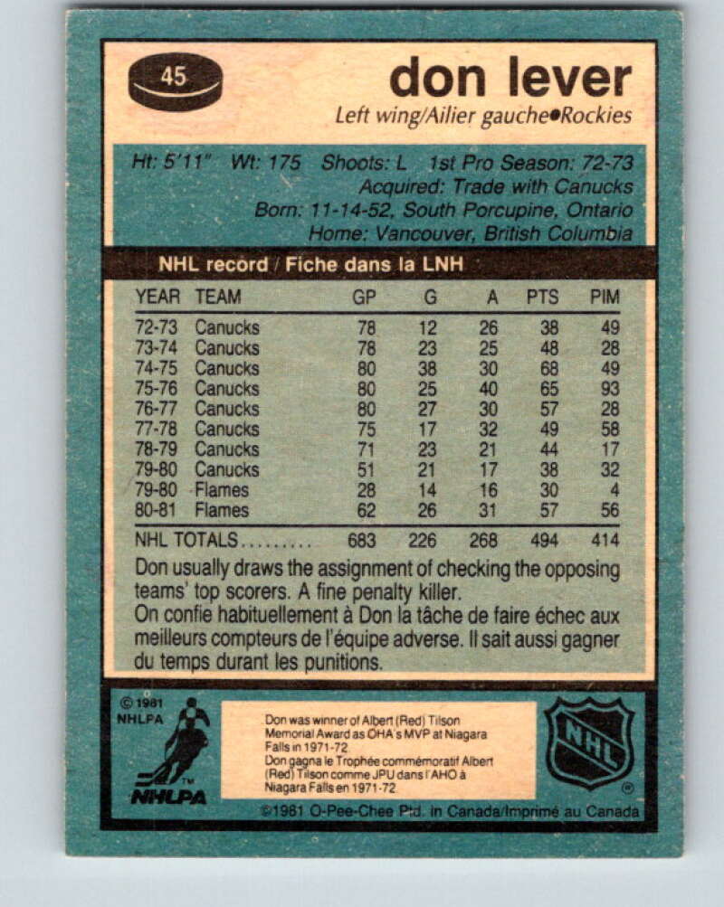 1981-82 O-Pee-Chee #45 Don Lever Colorado Rockies V29708