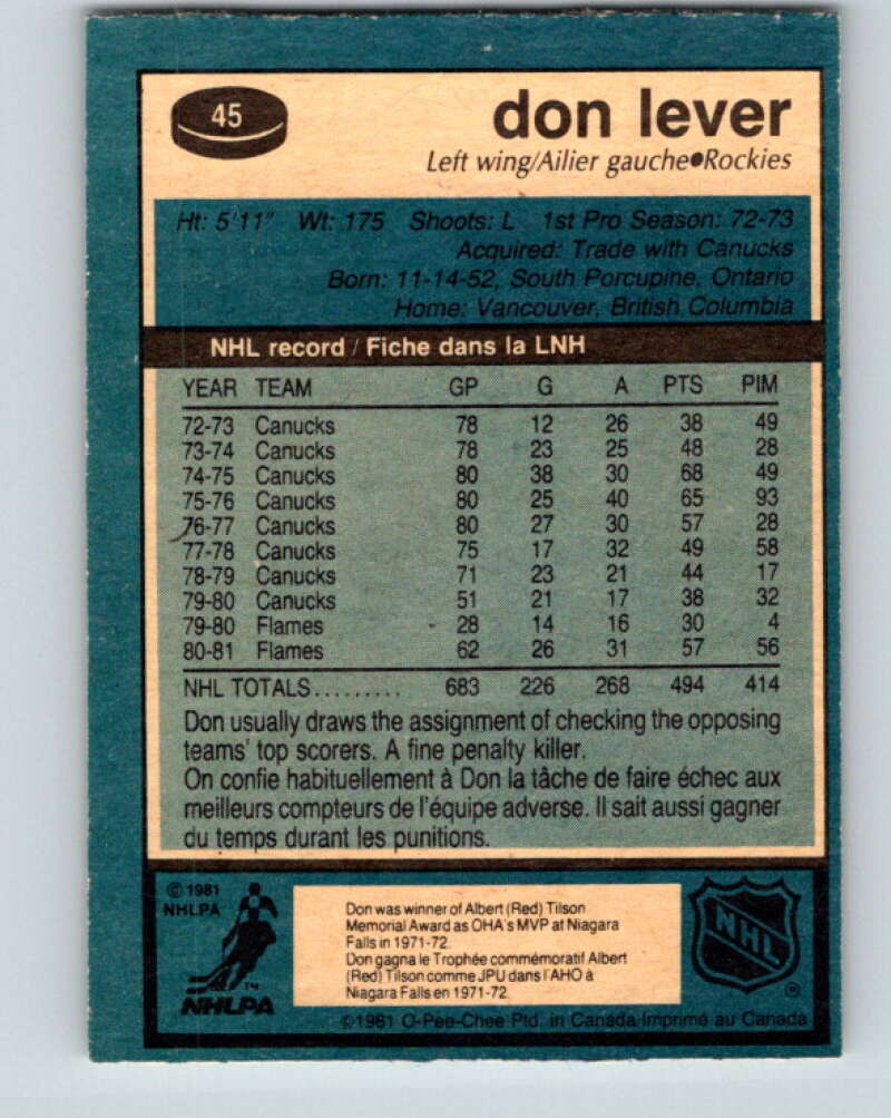 1981-82 O-Pee-Chee #45 Don Lever Colorado Rockies V29709
