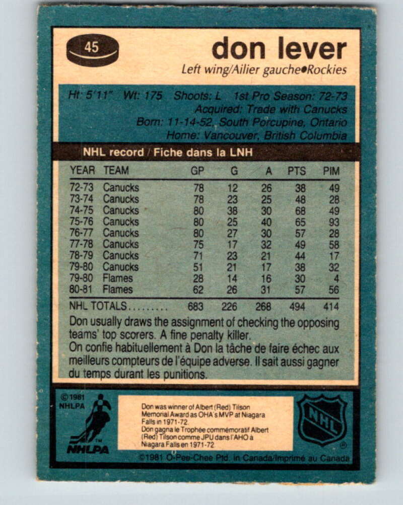 1981-82 O-Pee-Chee #45 Don Lever Colorado Rockies V29710