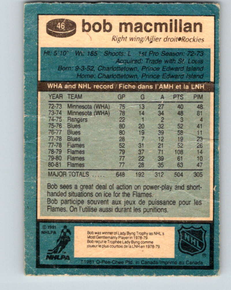1981-82 O-Pee-Chee #46 Bob MacMillan Colorado Rockies V29713