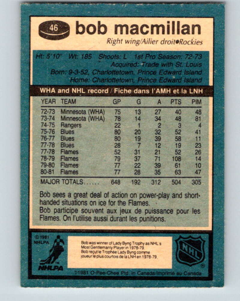 1981-82 O-Pee-Chee #46 Bob MacMillan Colorado Rockies V29715