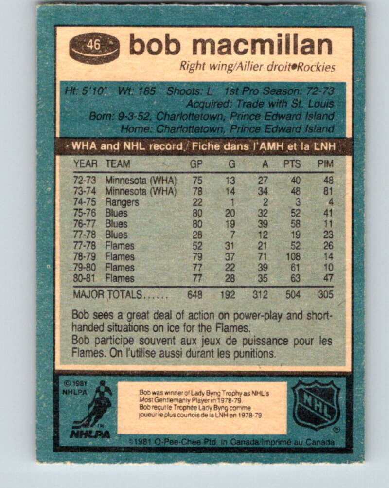 1981-82 O-Pee-Chee #46 Bob MacMillan Colorado Rockies V29716