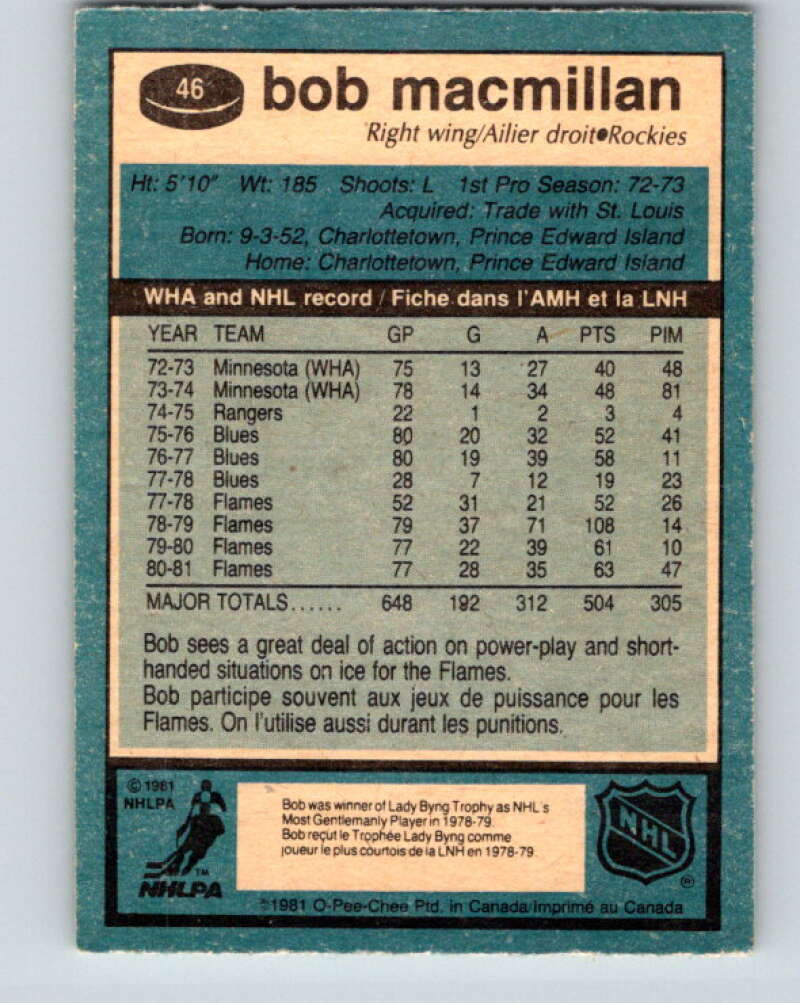 1981-82 O-Pee-Chee #46 Bob MacMillan Colorado Rockies V29718