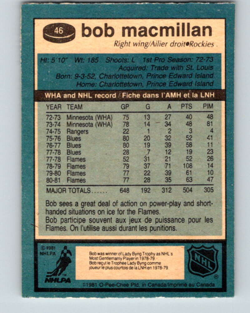1981-82 O-Pee-Chee #46 Bob MacMillan Colorado Rockies V29719