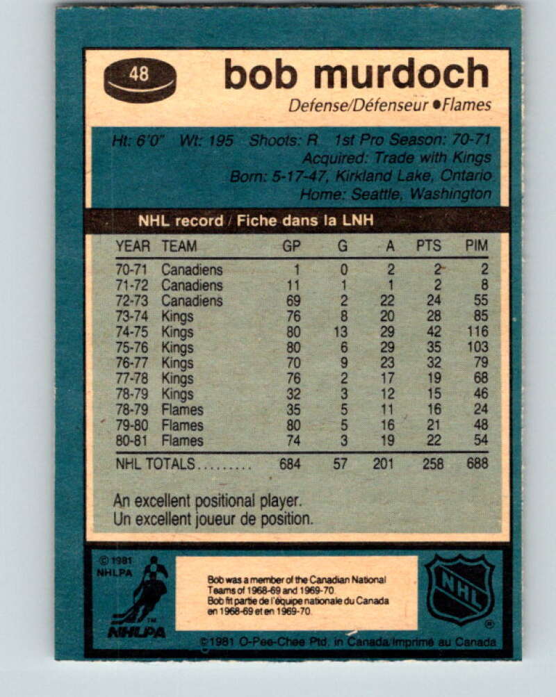 1981-82 O-Pee-Chee #48 Bob Murdoch Calgary Flames V29731