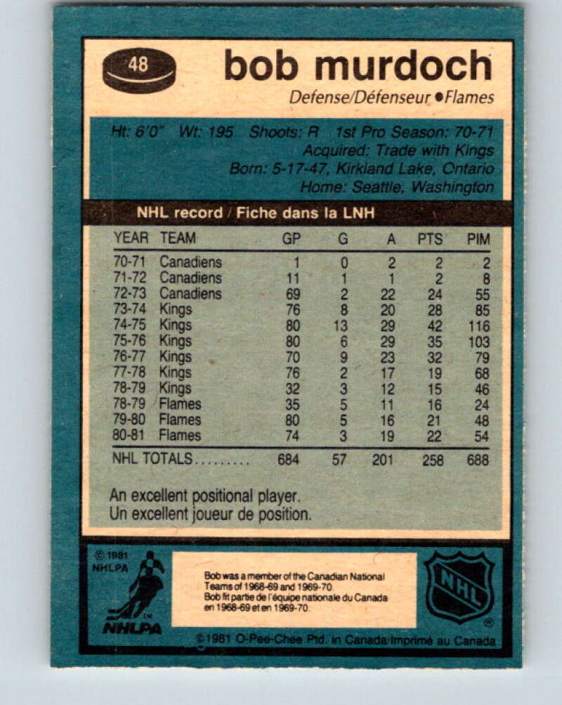1981-82 O-Pee-Chee #48 Bob Murdoch Calgary Flames V29733