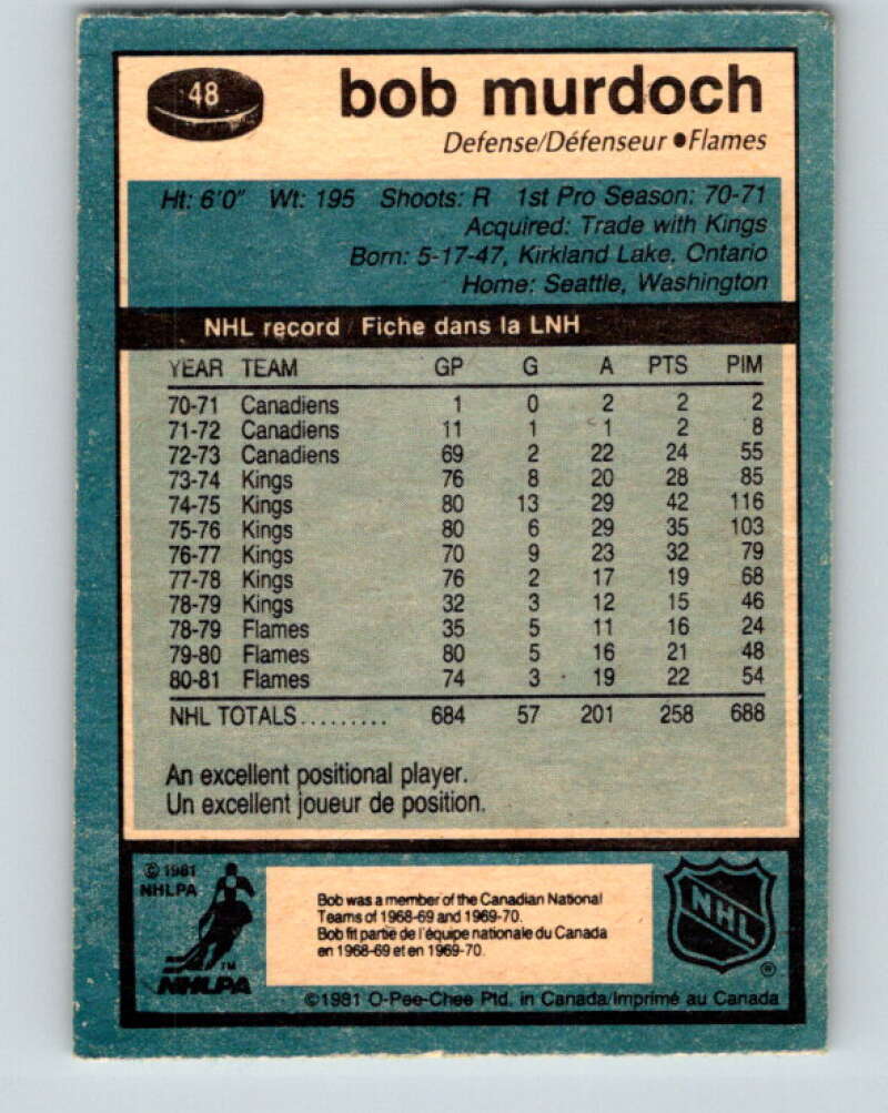 1981-82 O-Pee-Chee #48 Bob Murdoch Calgary Flames V29734