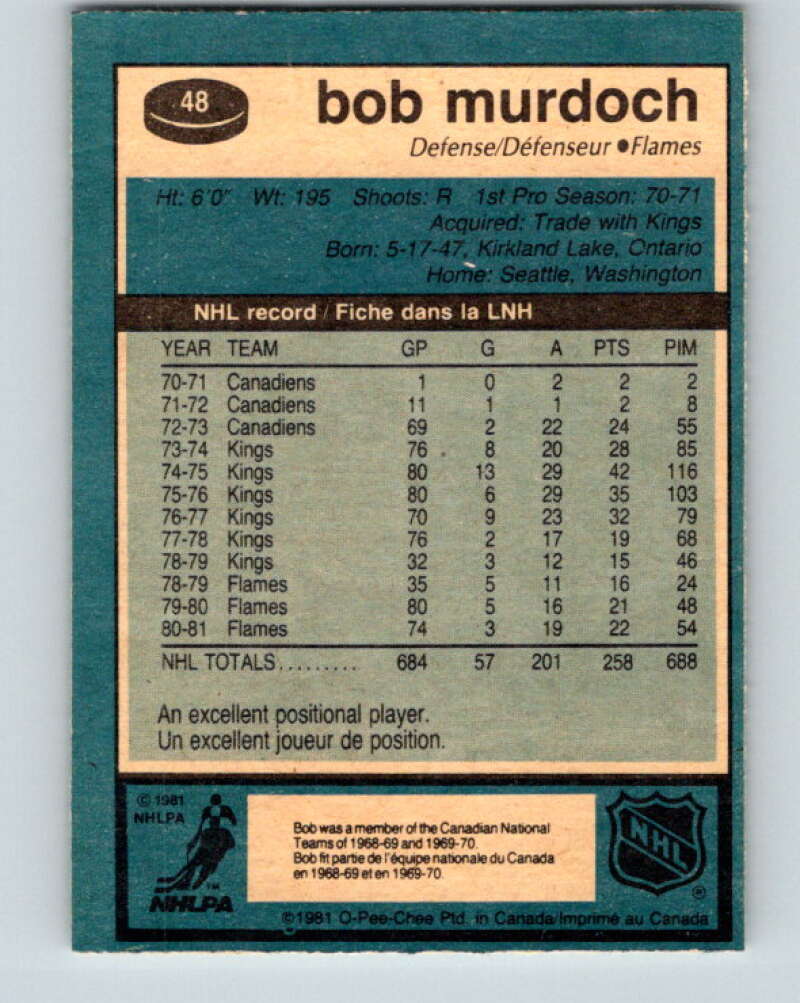 1981-82 O-Pee-Chee #48 Bob Murdoch Calgary Flames V29735