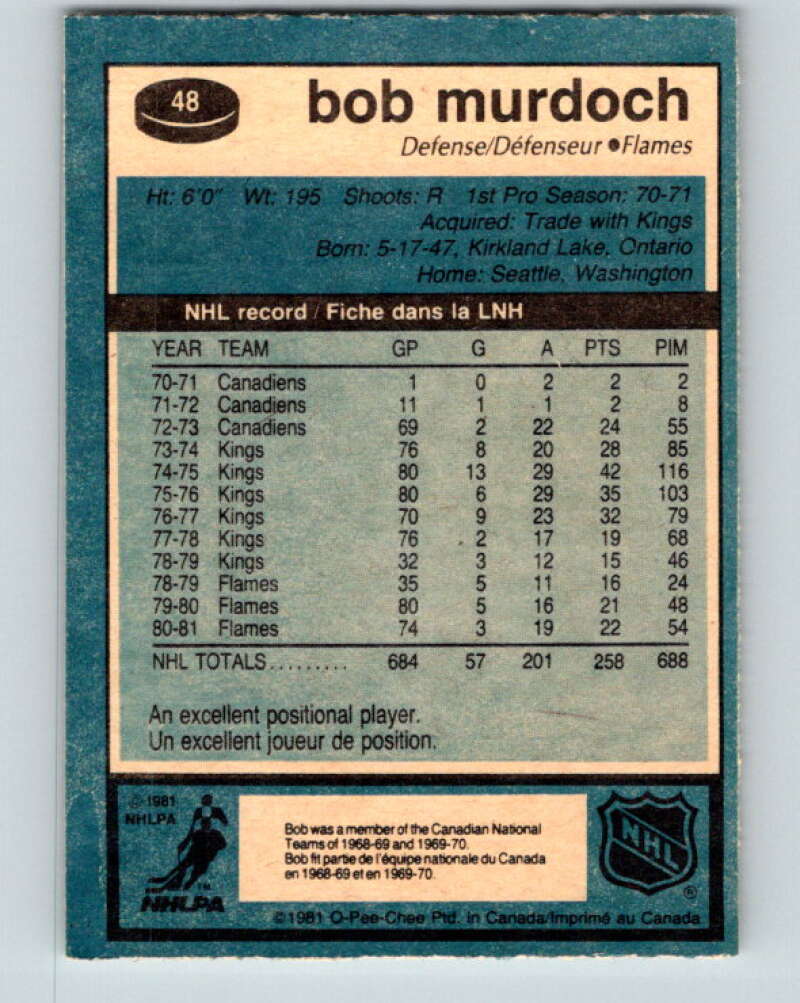1981-82 O-Pee-Chee #48 Bob Murdoch Calgary Flames V29739