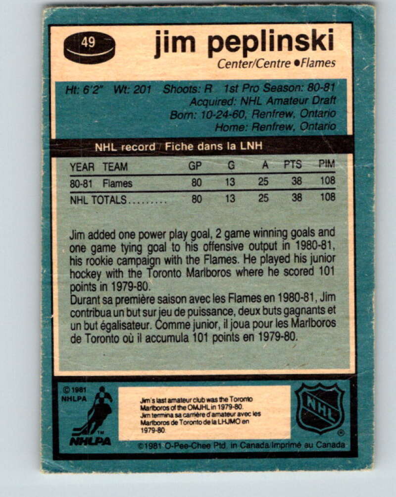 1981-82 O-Pee-Chee #49 Jim Peplinski RC Rookie Calgary Flames V29741
