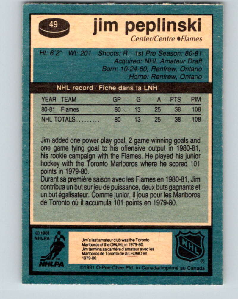 1981-82 O-Pee-Chee #49 Jim Peplinski RC Rookie Calgary Flames V29742