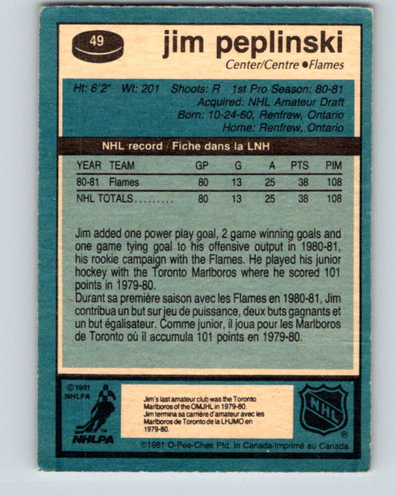 1981-82 O-Pee-Chee #49 Jim Peplinski RC Rookie Calgary Flames V29743