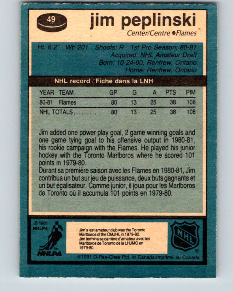 1981-82 O-Pee-Chee #49 Jim Peplinski RC Rookie Calgary Flames V29745
