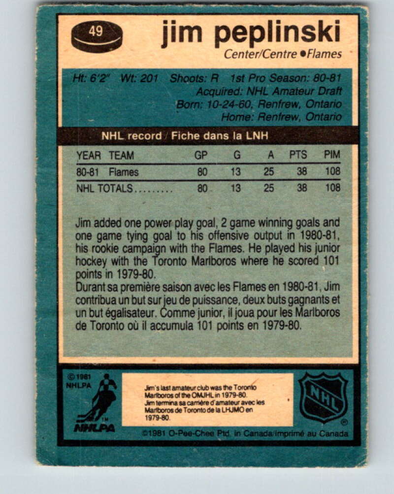 1981-82 O-Pee-Chee #49 Jim Peplinski RC Rookie Calgary Flames V29748