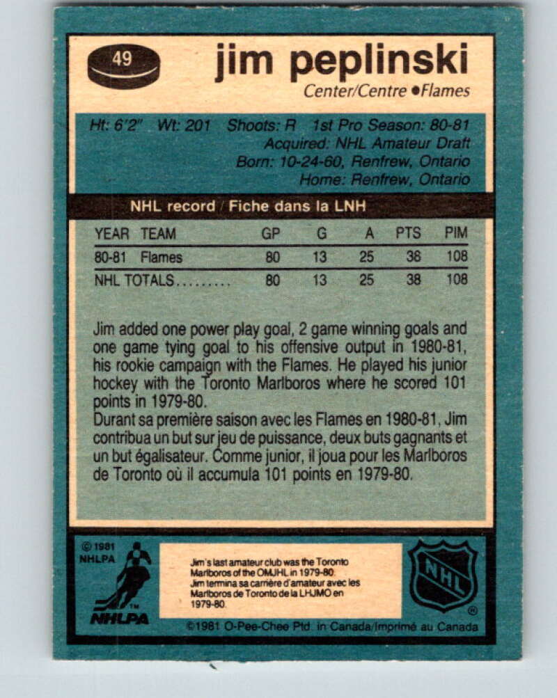 1981-82 O-Pee-Chee #49 Jim Peplinski RC Rookie Calgary Flames V29751