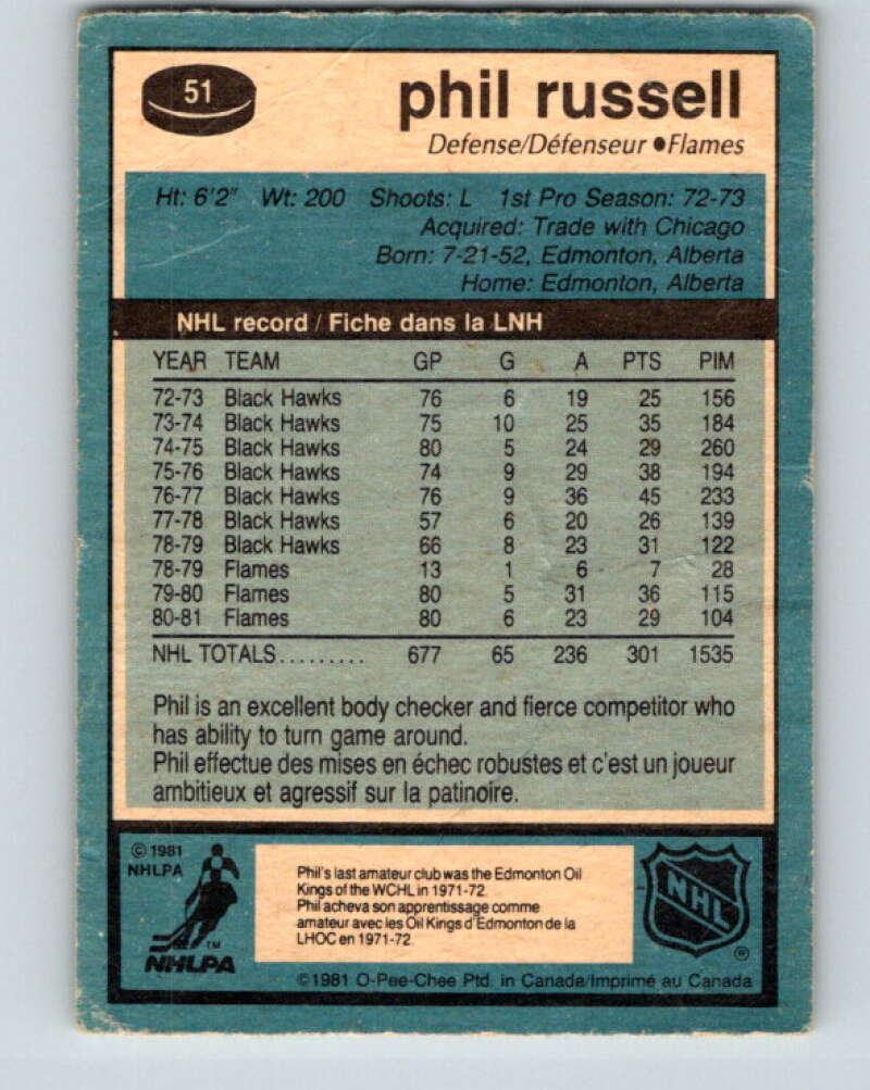 1981-82 O-Pee-Chee #51 Phil Russell Calgary Flames V29755
