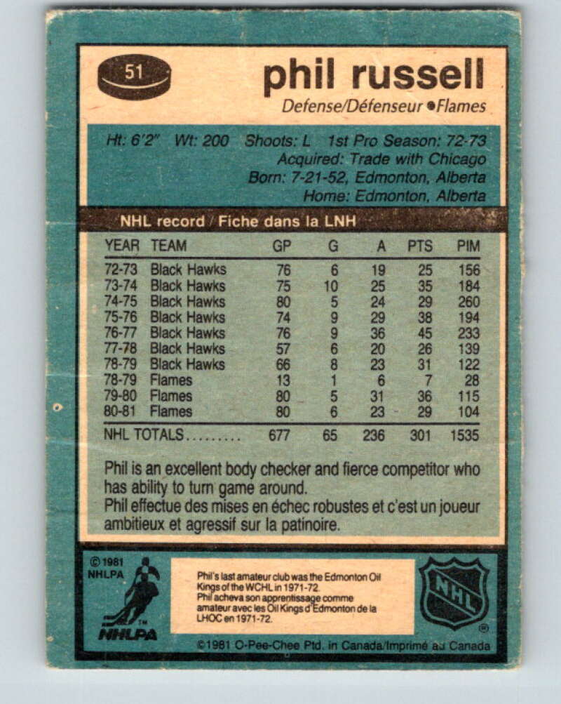 1981-82 O-Pee-Chee #51 Phil Russell Calgary Flames V29759