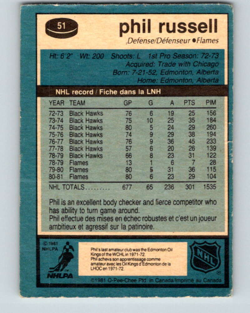 1981-82 O-Pee-Chee #51 Phil Russell Calgary Flames V29763
