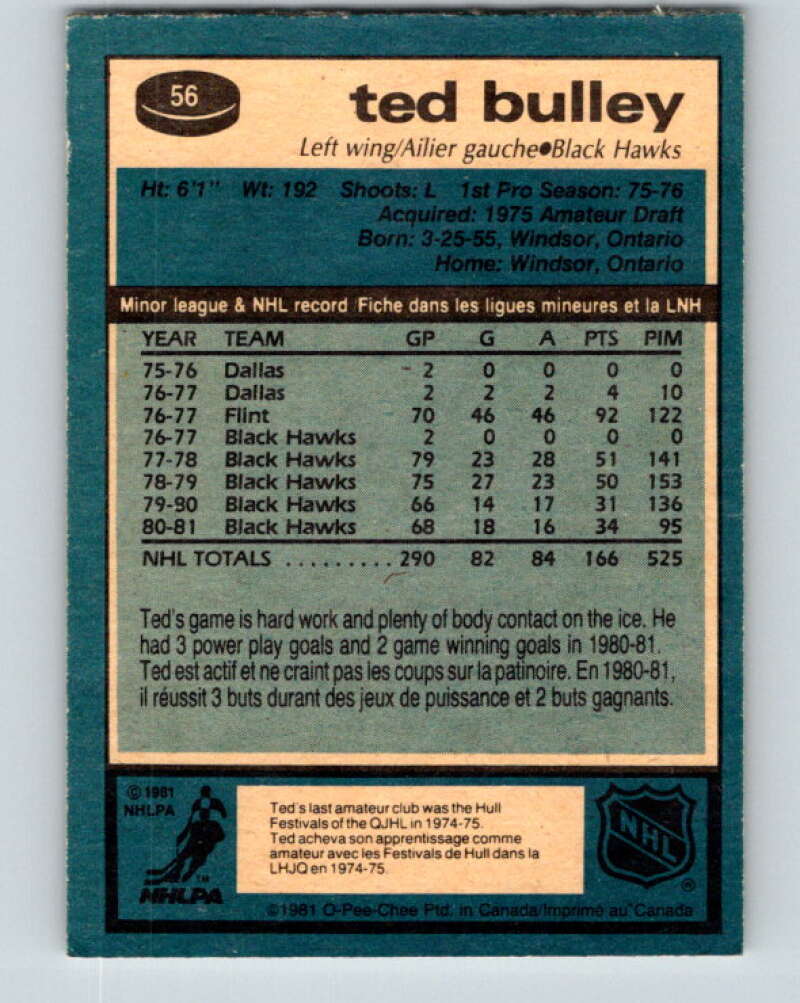 1981-82 O-Pee-Chee #56 Ted Bulley Chicago Blackhawks V29795