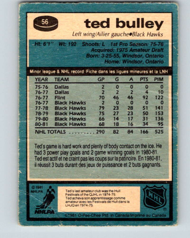 1981-82 O-Pee-Chee #56 Ted Bulley Chicago Blackhawks V29797