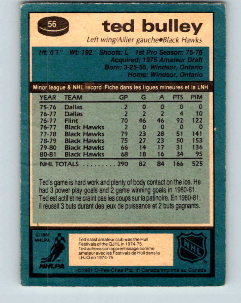 1981-82 O-Pee-Chee #56 Ted Bulley Chicago Blackhawks V29800