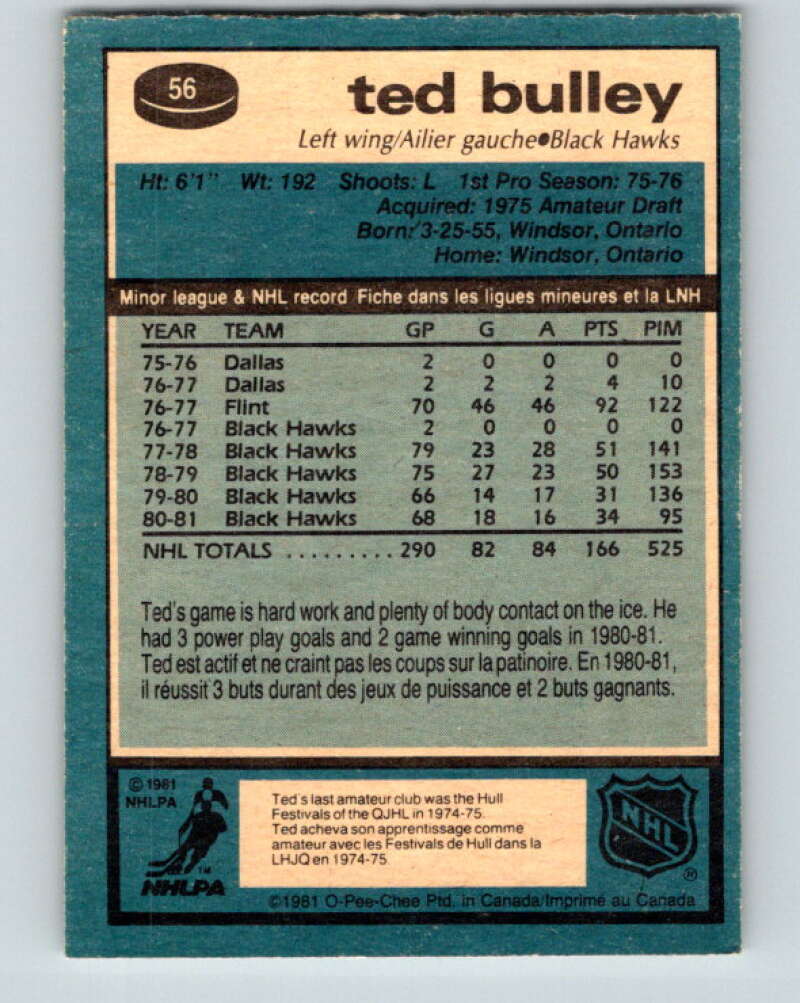 1981-82 O-Pee-Chee #56 Ted Bulley Chicago Blackhawks V29801