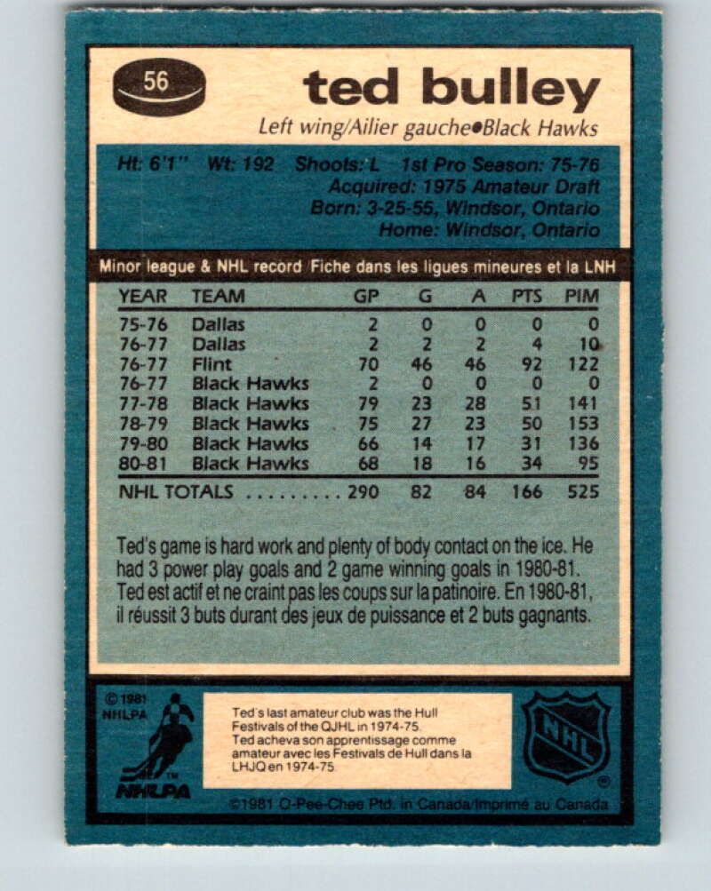 1981-82 O-Pee-Chee #56 Ted Bulley Chicago Blackhawks V29802