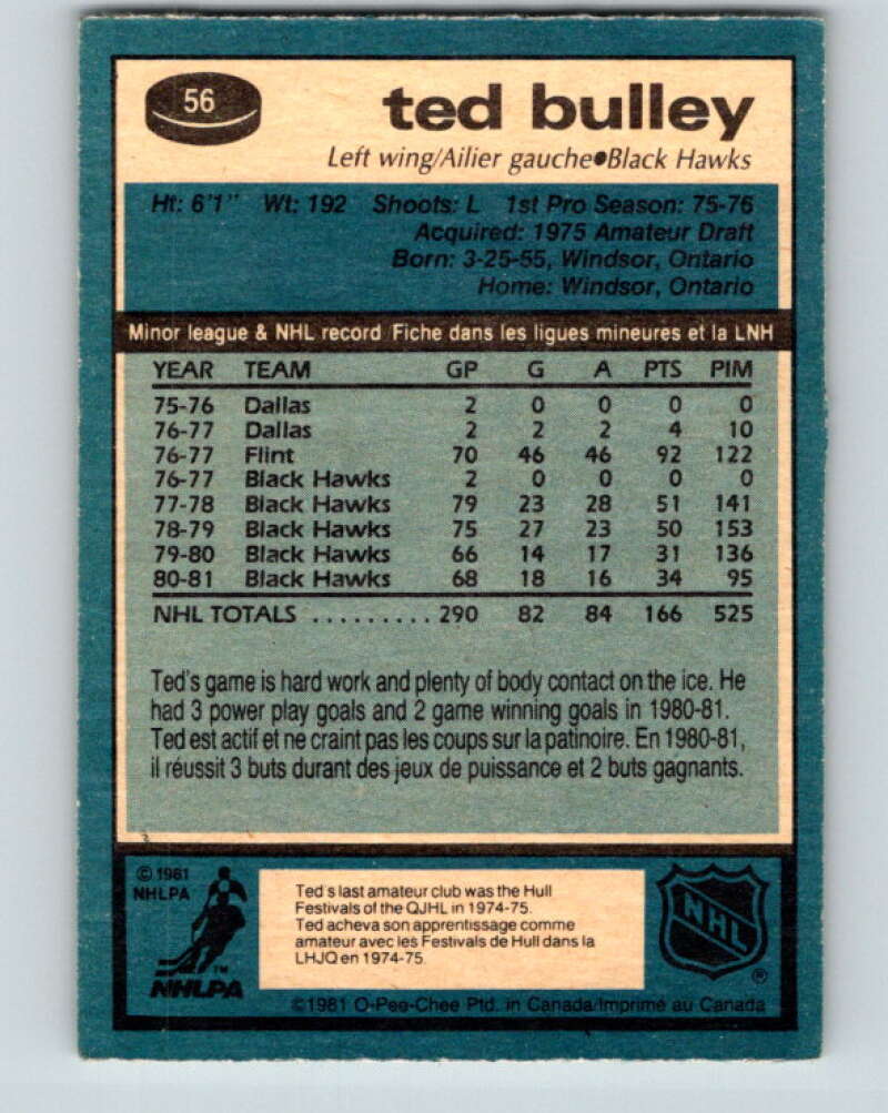 1981-82 O-Pee-Chee #56 Ted Bulley Chicago Blackhawks V29803