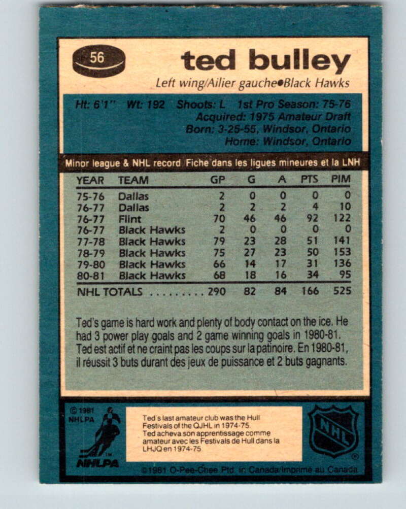 1981-82 O-Pee-Chee #56 Ted Bulley Chicago Blackhawks V29804