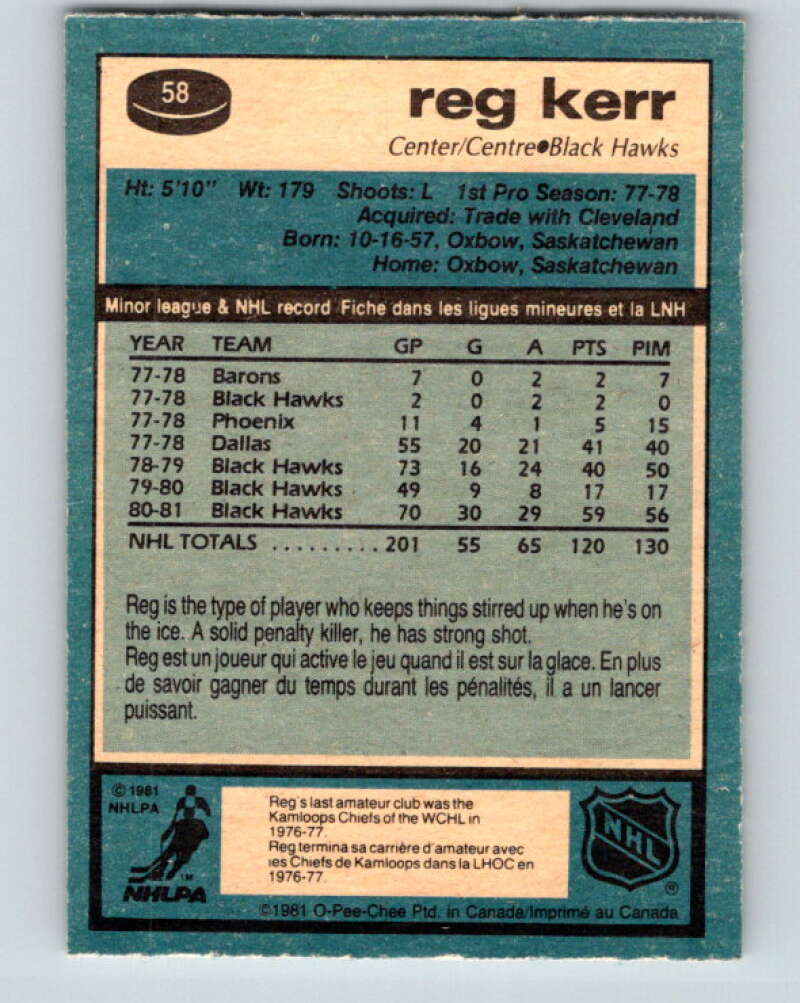 1981-82 O-Pee-Chee #58 Reg Kerr Chicago Blackhawks V29816