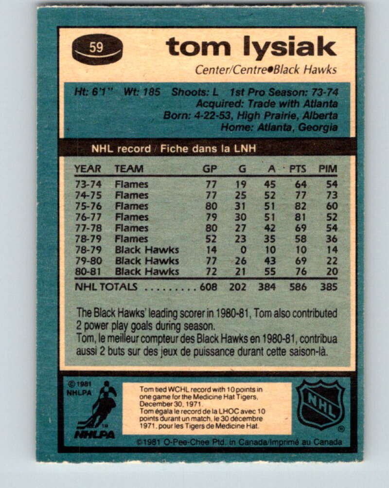 1981-82 O-Pee-Chee #59 Tom Lysiak Chicago Blackhawks V29826