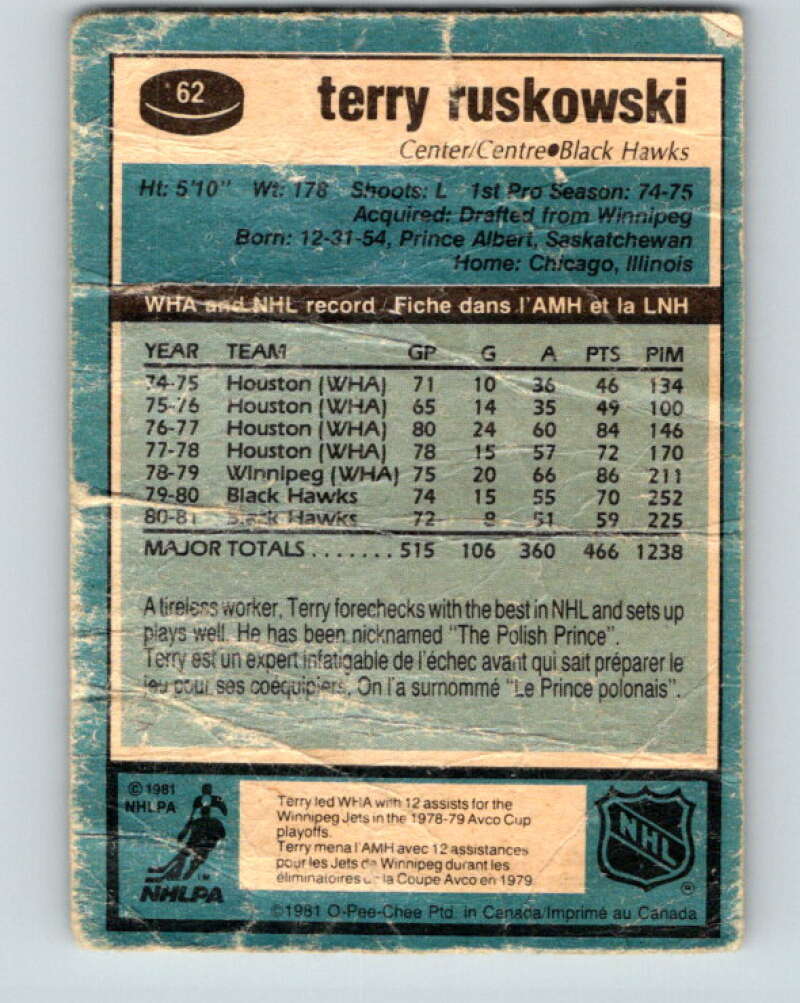 1981-82 O-Pee-Chee #62 Terry Ruskowski Chicago Blackhawks V29844