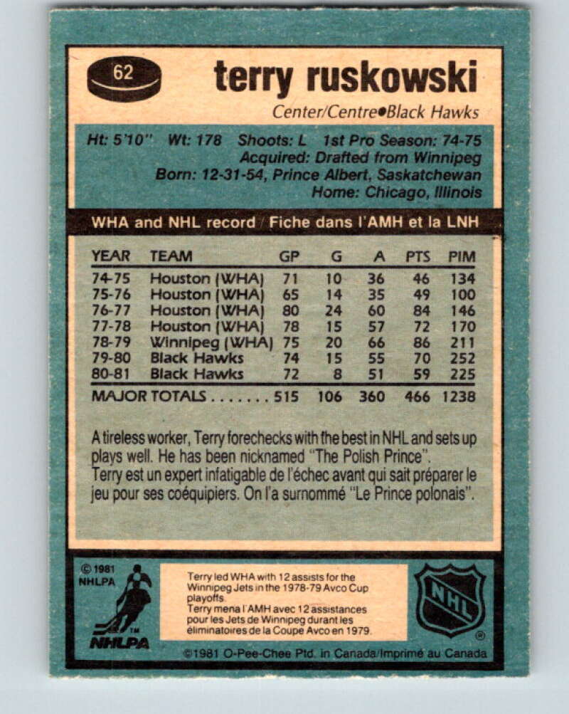 1981-82 O-Pee-Chee #62 Terry Ruskowski Chicago Blackhawks V29846