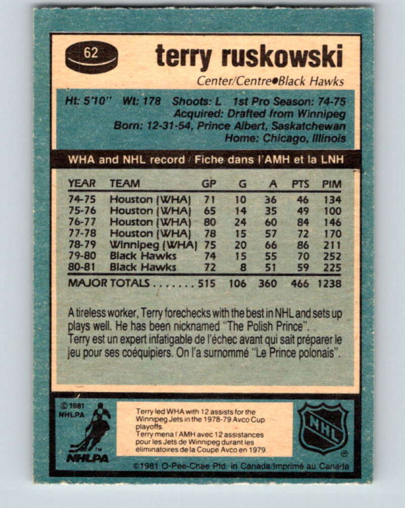 1981-82 O-Pee-Chee #62 Terry Ruskowski Chicago Blackhawks V29848