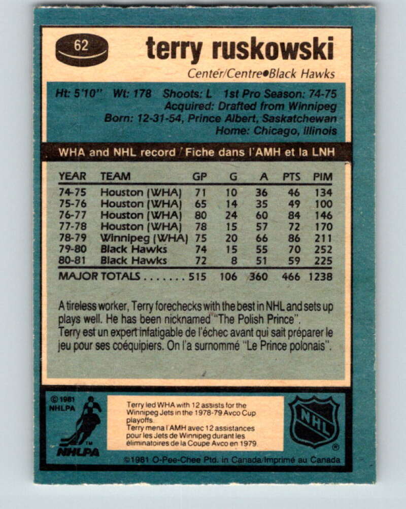 1981-82 O-Pee-Chee #62 Terry Ruskowski Chicago Blackhawks V29851