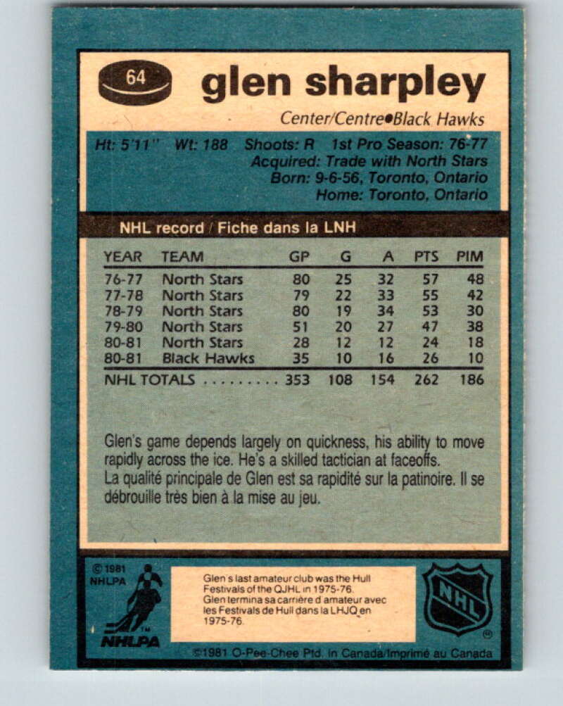1981-82 O-Pee-Chee #64 Glen Sharpley Chicago Blackhawks V29853