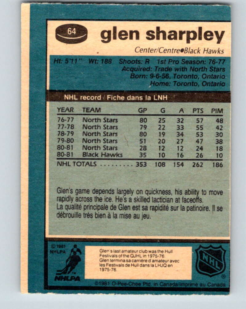 1981-82 O-Pee-Chee #64 Glen Sharpley Chicago Blackhawks V29855