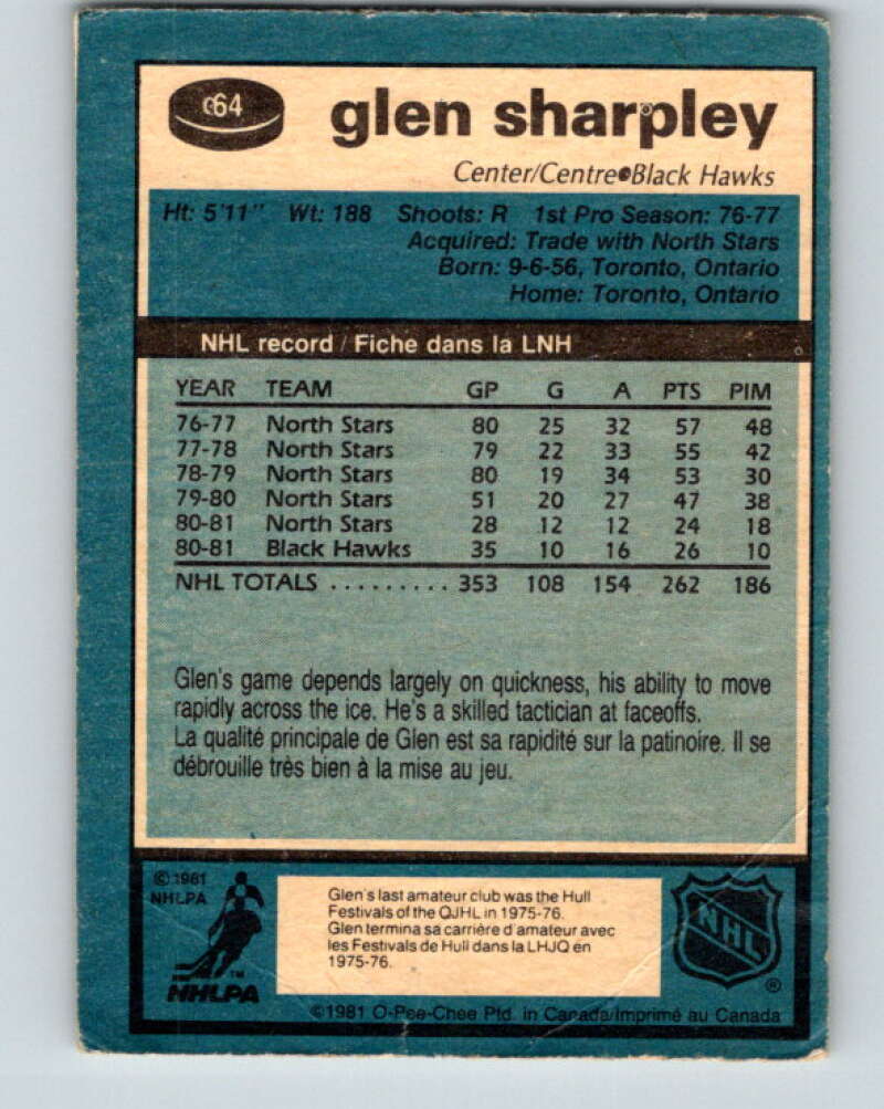 1981-82 O-Pee-Chee #64 Glen Sharpley Chicago Blackhawks V29856