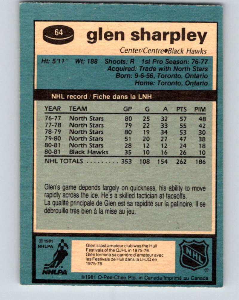 1981-82 O-Pee-Chee #64 Glen Sharpley Chicago Blackhawks V29857
