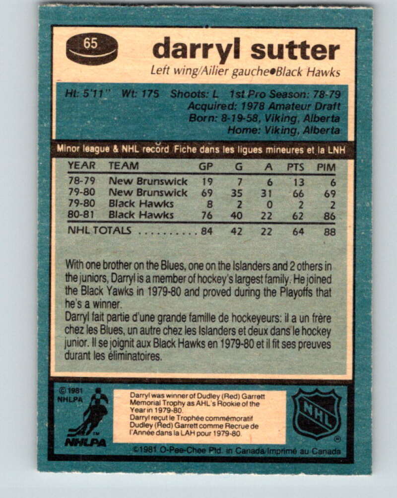 1981-82 O-Pee-Chee #65 Darryl Sutter RC Rookie Chicago Blackhawks V29859
