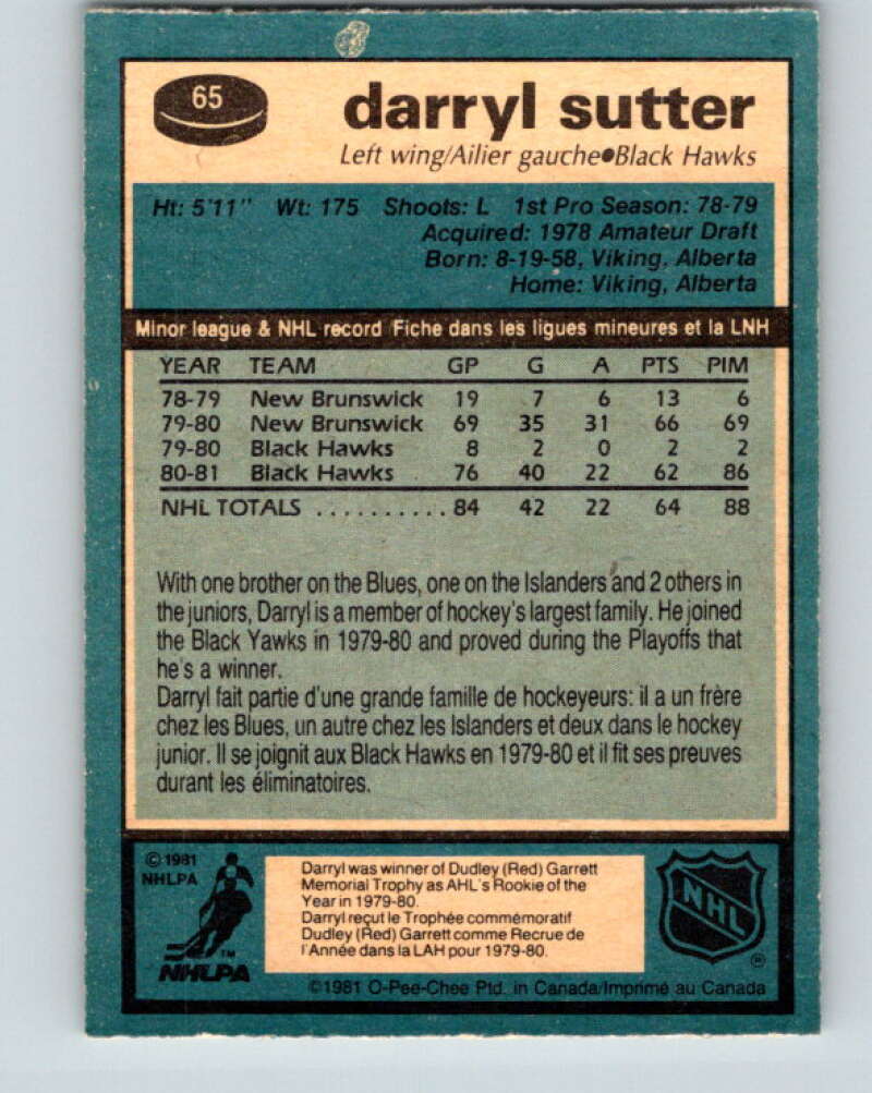 1981-82 O-Pee-Chee #65 Darryl Sutter RC Rookie Chicago Blackhawks V29861