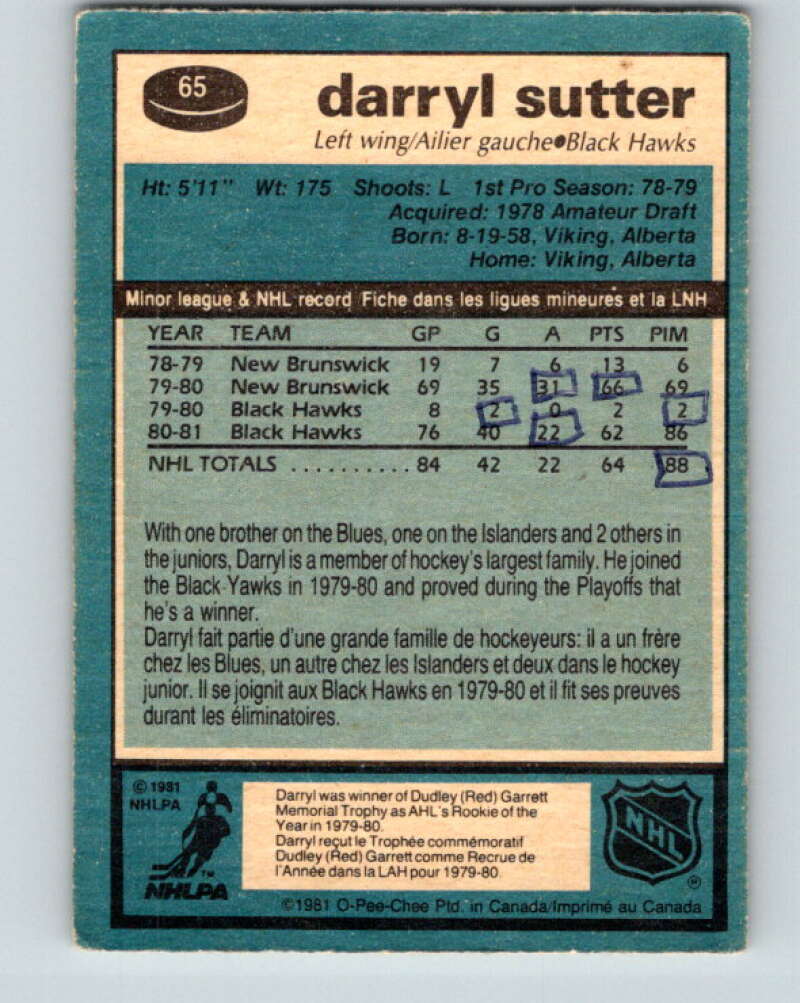 1981-82 O-Pee-Chee #65 Darryl Sutter RC Rookie Chicago Blackhawks V29862