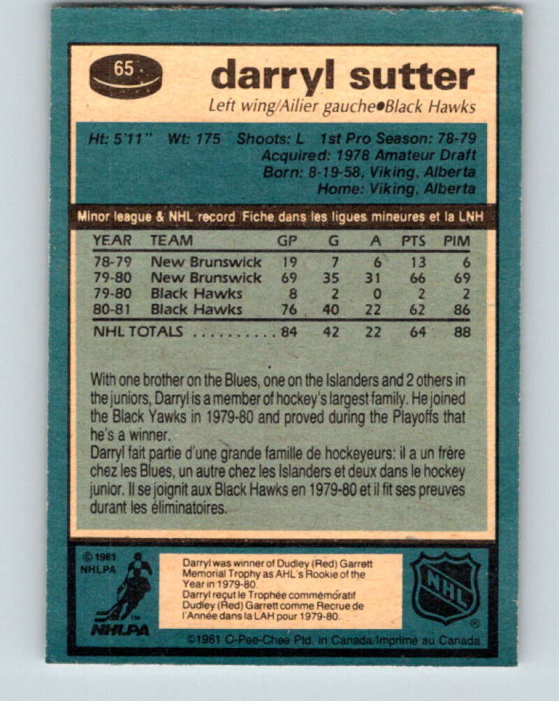 1981-82 O-Pee-Chee #65 Darryl Sutter RC Rookie Chicago Blackhawks V29863
