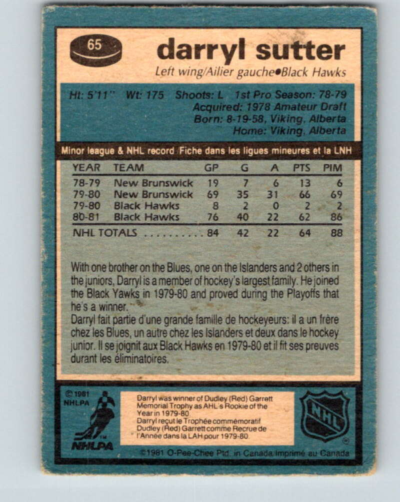 1981-82 O-Pee-Chee #65 Darryl Sutter RC Rookie Chicago Blackhawks V29864