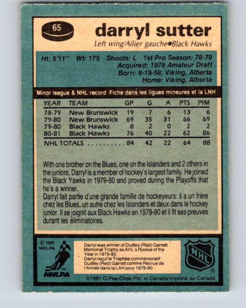 1981-82 O-Pee-Chee #65 Darryl Sutter RC Rookie Chicago Blackhawks V29865