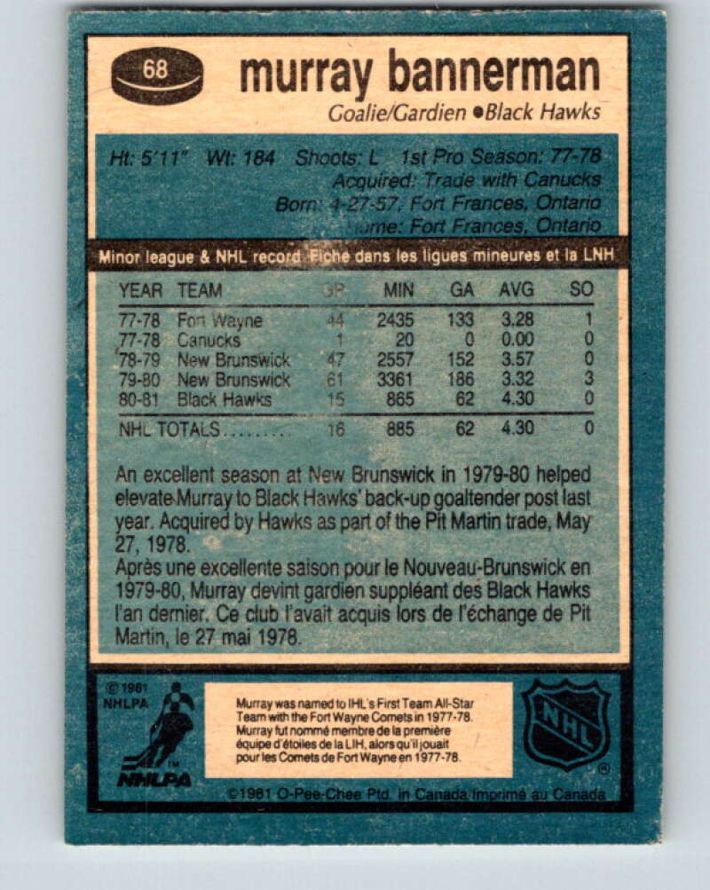 1981-82 O-Pee-Chee #68 Murray Bannerman RC Rookie Blackhawks V29887