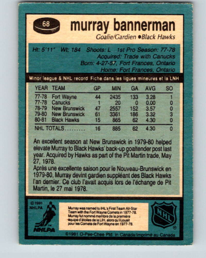 1981-82 O-Pee-Chee #68 Murray Bannerman RC Rookie Blackhawks V29890
