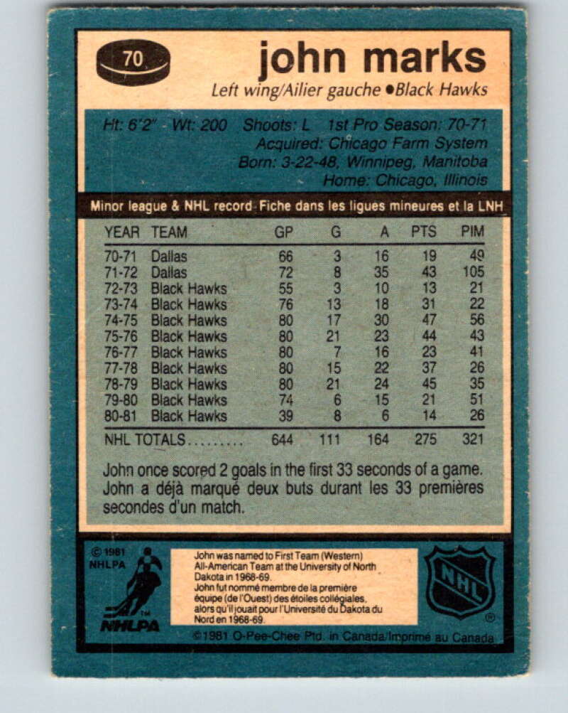 1981-82 O-Pee-Chee #70 John Marks Chicago Blackhawks V29906
